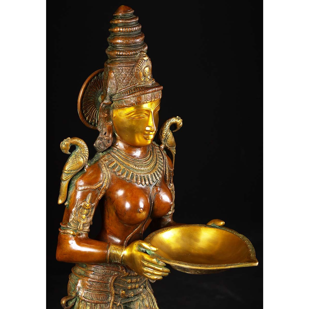 Brass Lakshmi Statue Holding Large Deepa Lamp 51 Inches