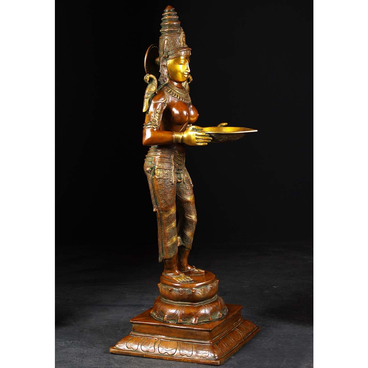 Brass Lakshmi Statue Holding Large Deepa Lamp 51 Inches