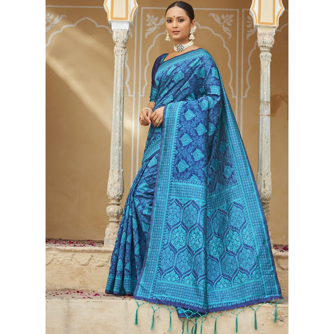 Designer Aqua Blue Art Silk Stone Work Wedding Wear Saree