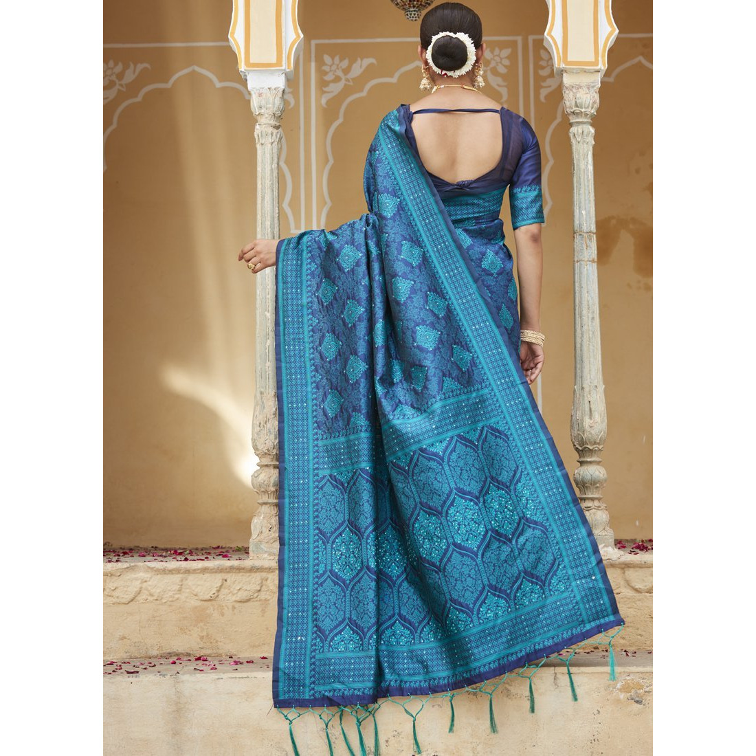 Designer Aqua Blue Art Silk Stone Work Wedding Wear Saree