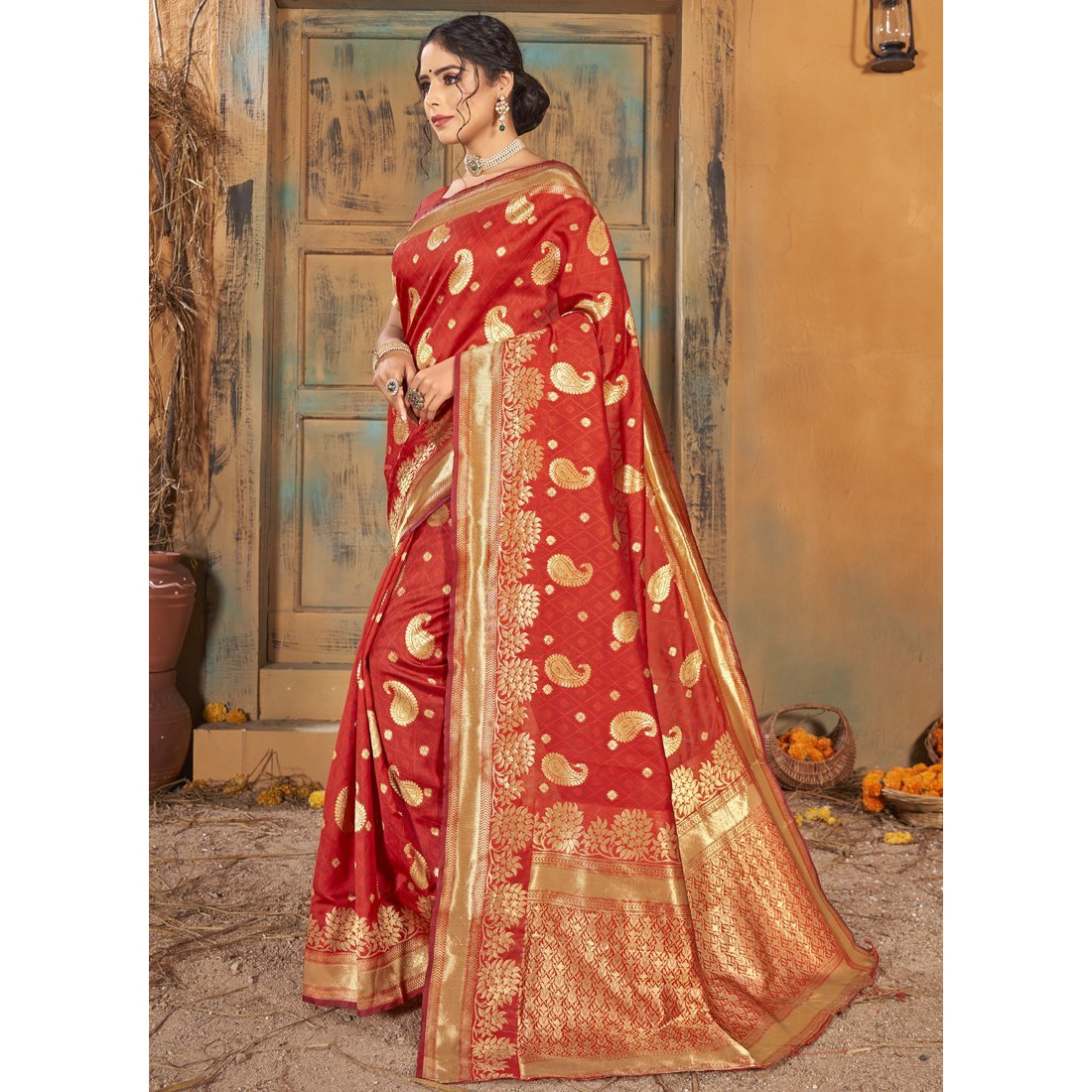 Red Silk Indian Designer Wedding Wear Saree