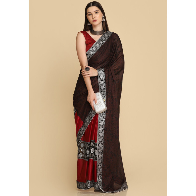 Asisa Janvi Dark Maroon Zari Work Party Wear Crepe Sarees (Color: Dark Maroon)