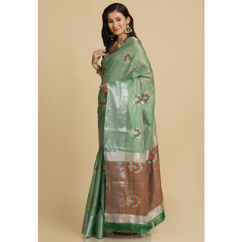 Asisa Nancy Sea Green Resham Embroidery Party Wear Sarees (Color: Sea Green)