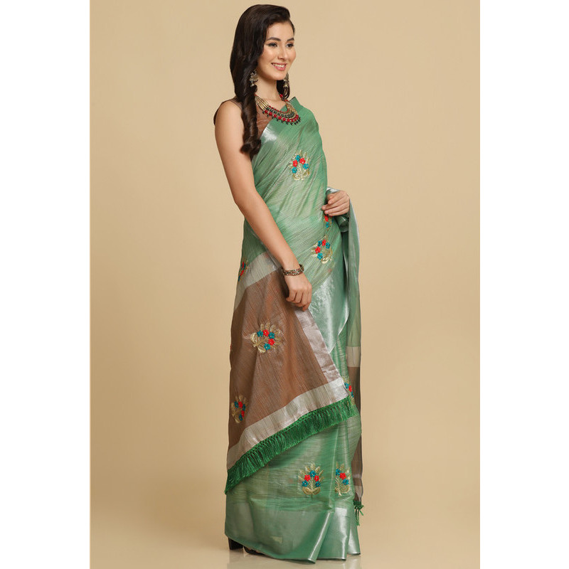 Asisa Nancy Sea Green Resham Embroidery Party Wear Sarees (Color: Sea Green)