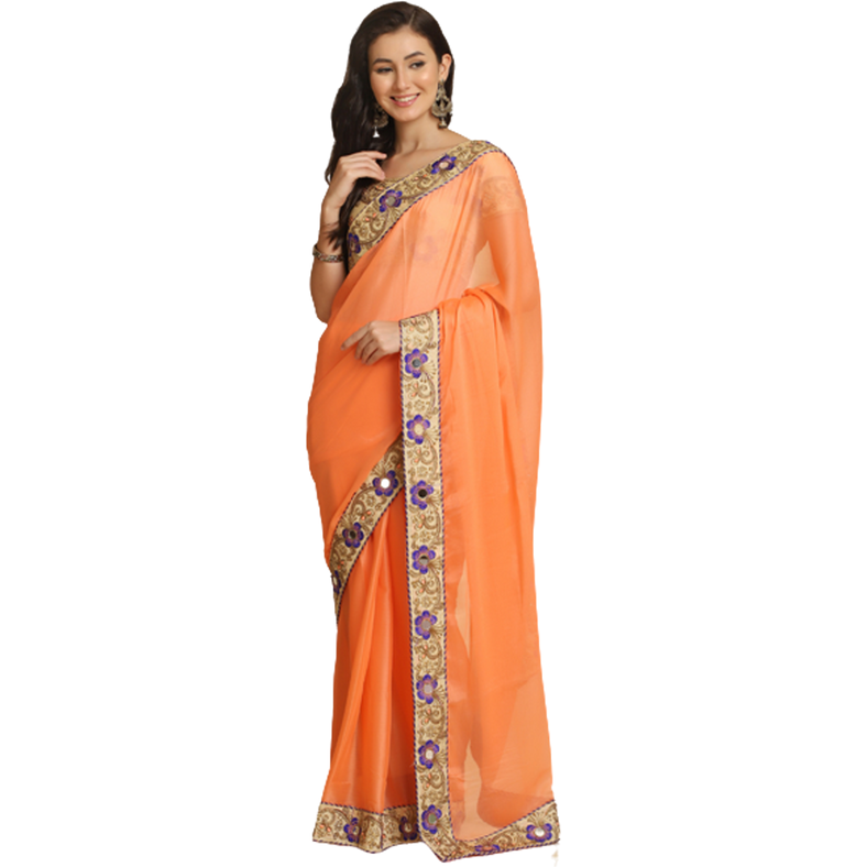 Asisa Rose Light Orange Resham Embroidery Organza Sarees (Color: Light Orange)