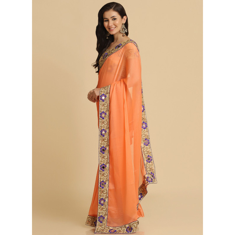 Asisa Rose Light Orange Resham Embroidery Organza Sarees (Color: Light Orange)