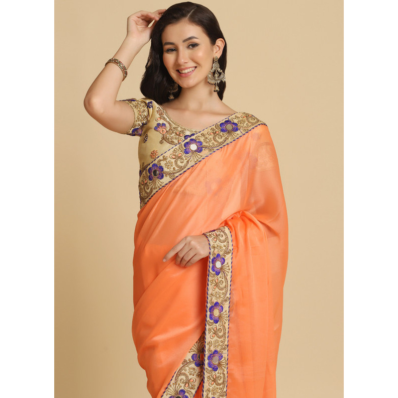 Asisa Rose Light Orange Resham Embroidery Organza Sarees (Color: Light Orange)