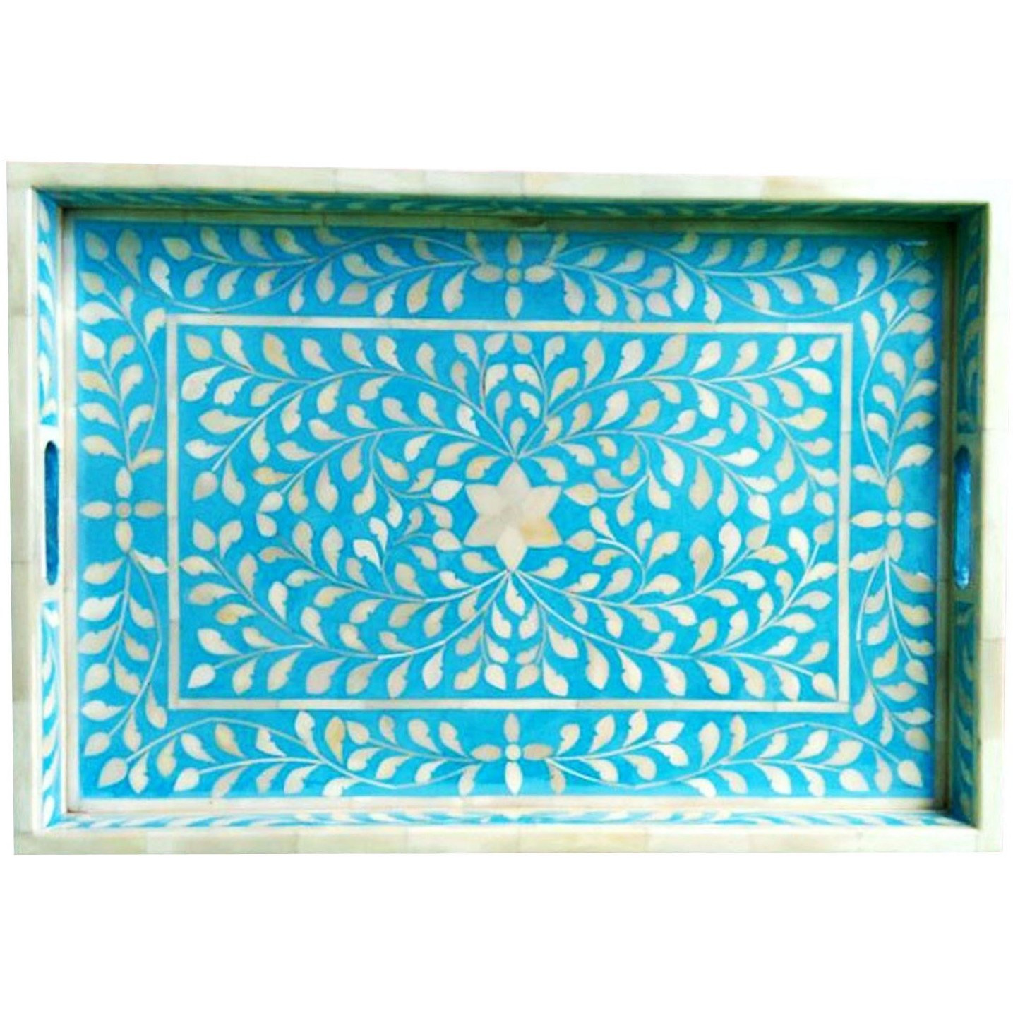Floral  Bone Inlay Serving Tray in Blue