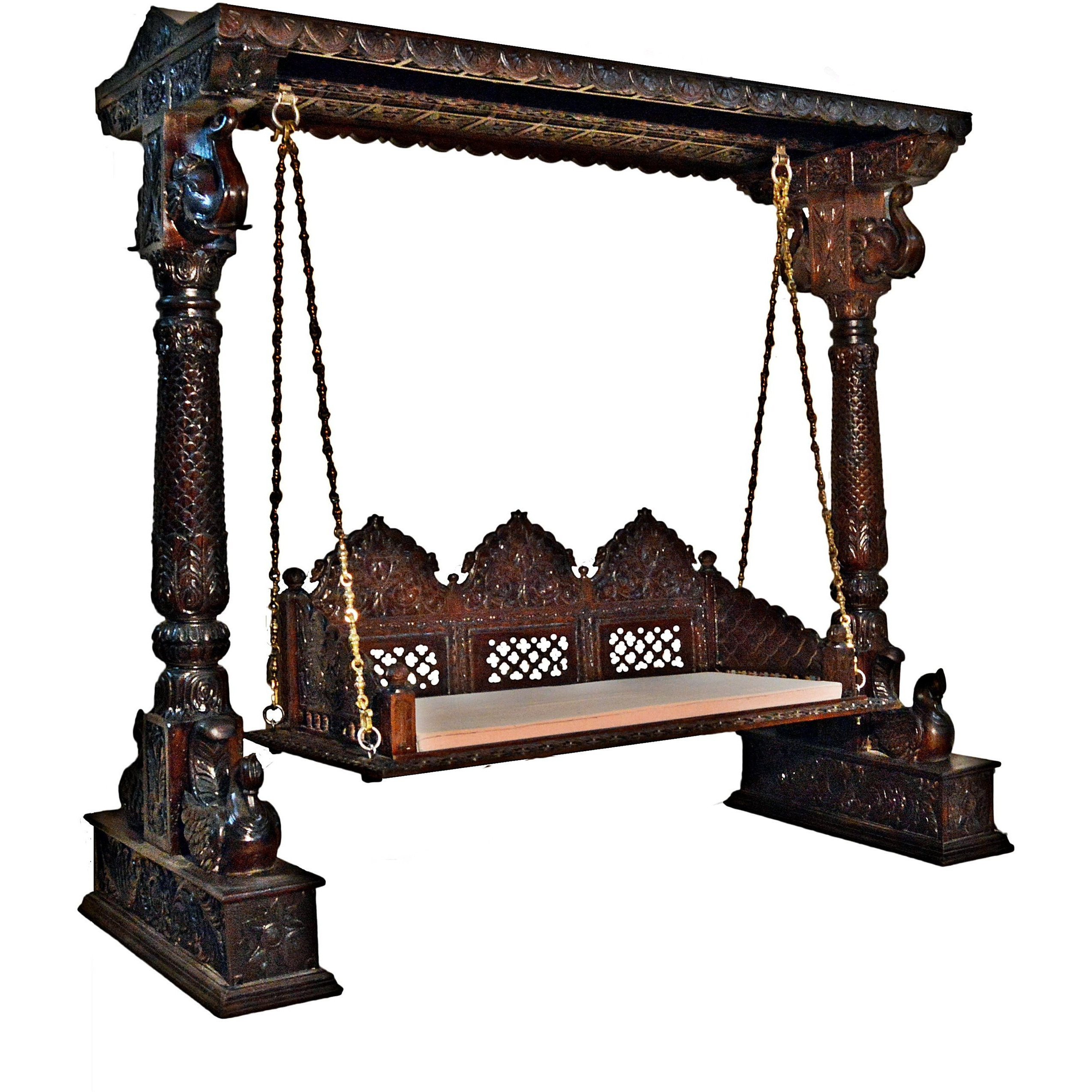 Carved Elephant & Peacock Brown Wooden Carved Royal Swing Set / Indoor Jhula