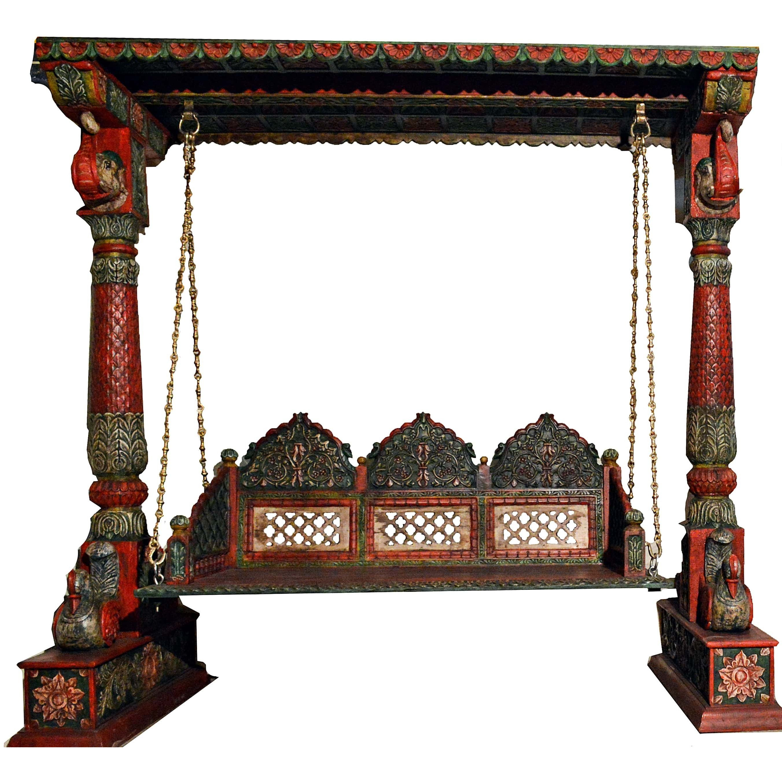 Carved Elephant & Peacock Multicolor Wooden Carved Royal Swing Set / Indoor Jhula