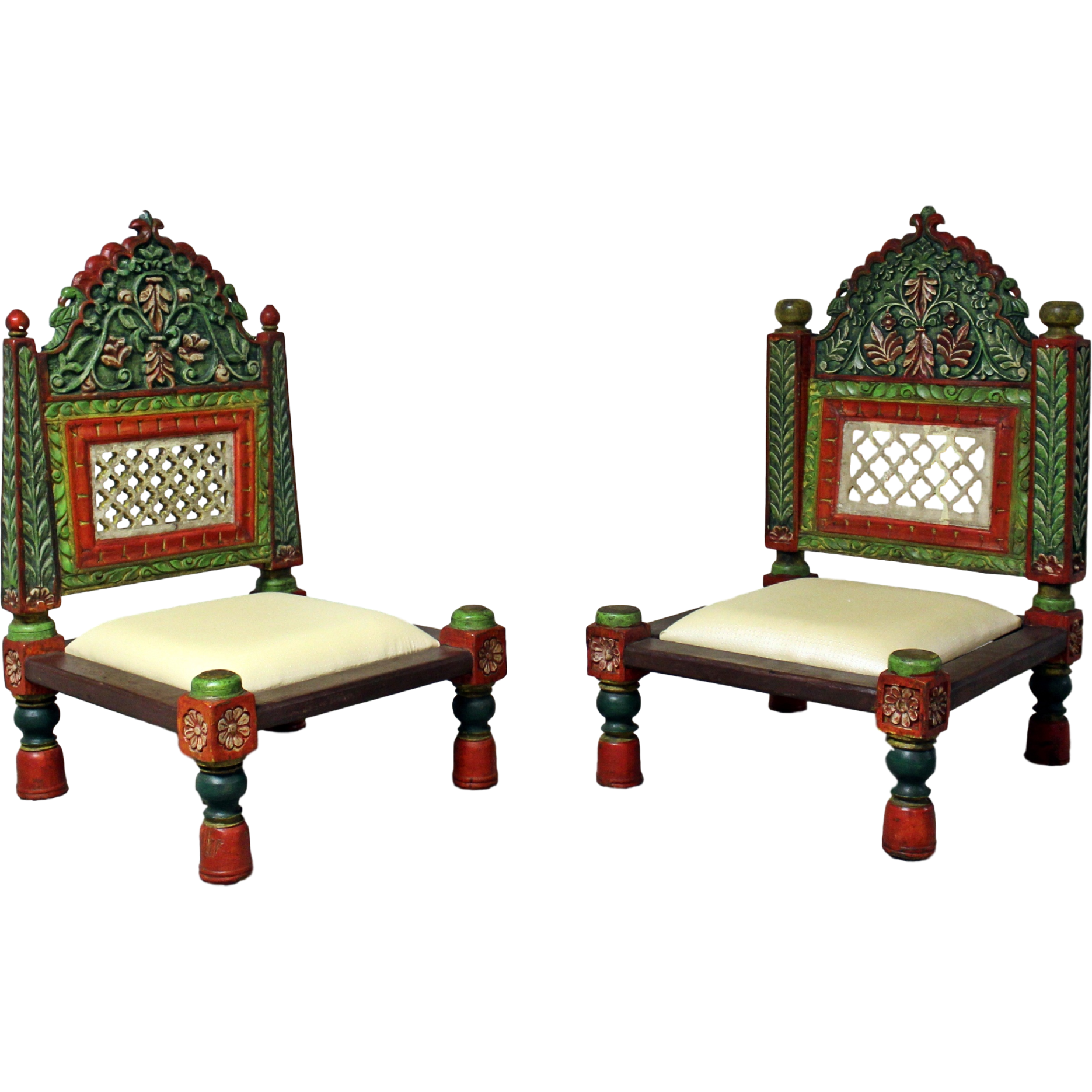 HAND PAINTED WOODEN CARVED LOW CHAIRS - Set of 2