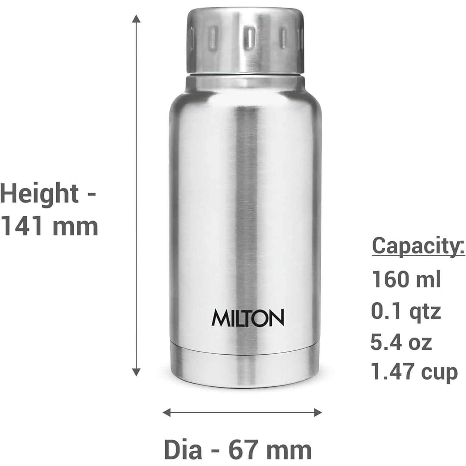 Milton Elfin 160, Double Wall Vacuum Insulated Flask, 160 ml | 5.4 oz | Hot & Cold Water Bottle, 18/8 Stainless Steel, Compact Flask, Durable Body, BPA Free, Leak-Proof Simple Screw Lid | Silver